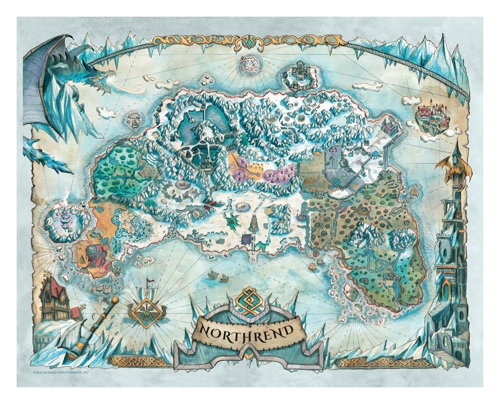 Un mapa detallado de Rasganorte con dragones, icebergs y varias regiones.