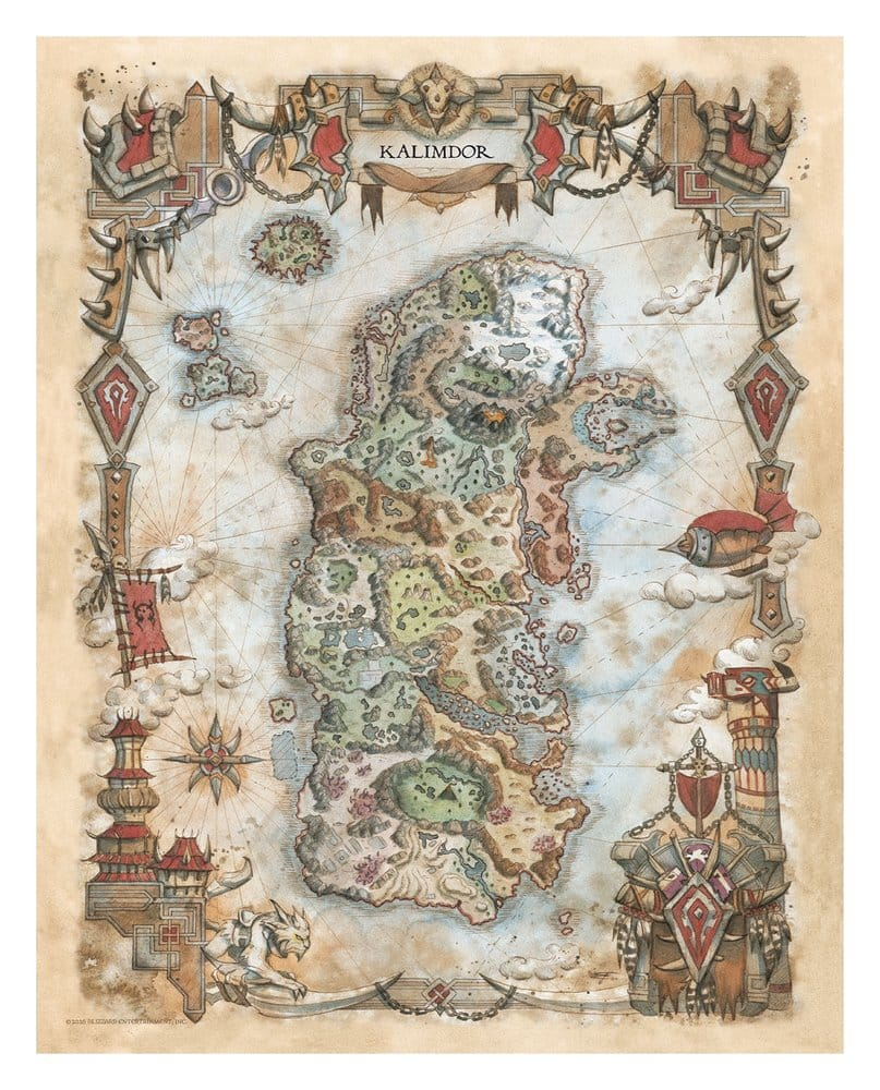 Un mapa detallado de Kalimdor que muestra varias regiones, montañas, aguas y ciudades.