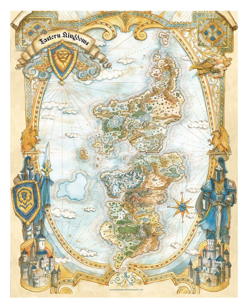 Un mapa detallado de los Reinos del Este, con castillos, caballeros y un escudo de león.
