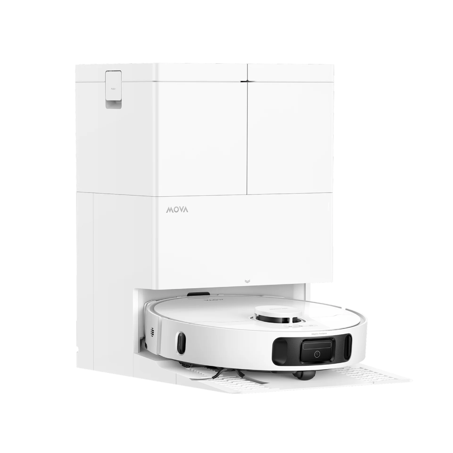 Un robot aspirador blanco de la marca MOVA con su base de carga.
