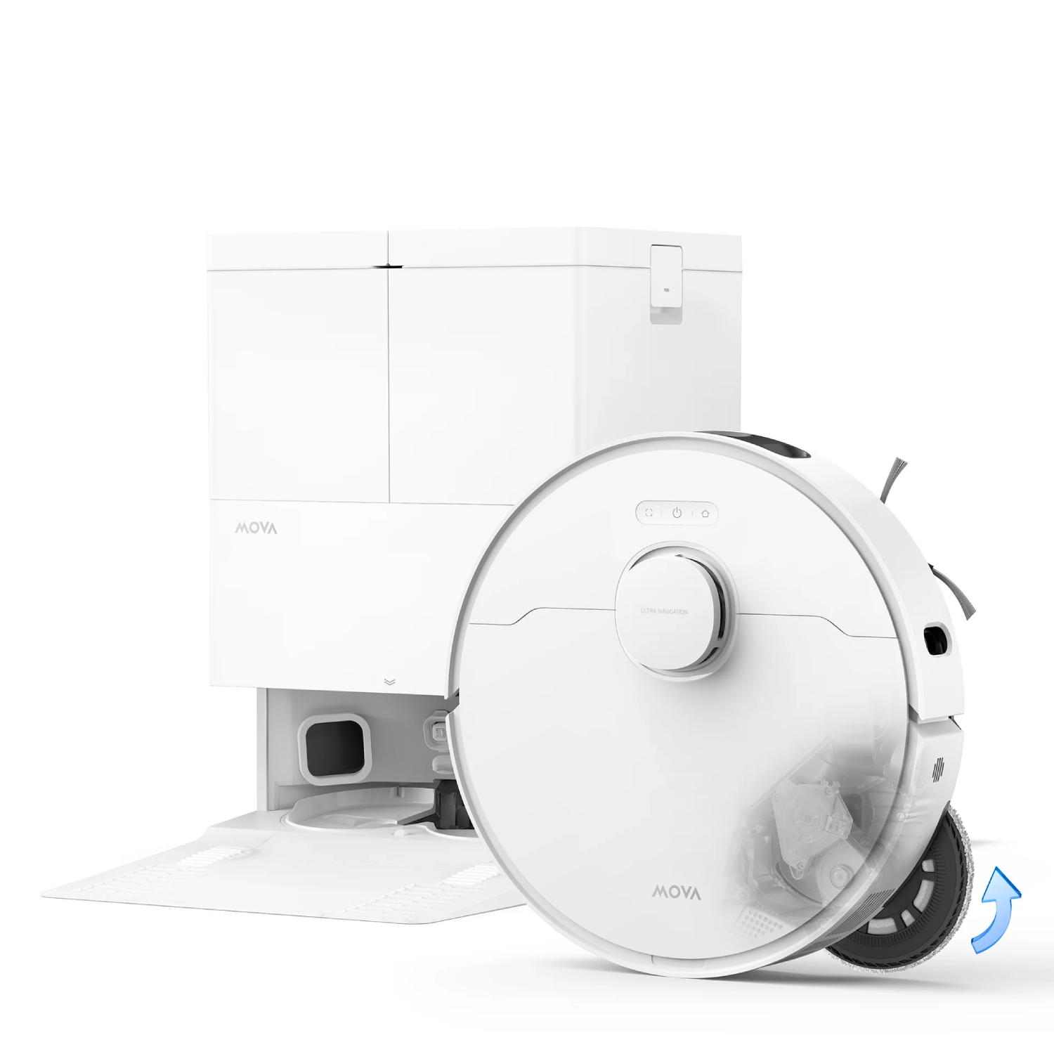 Aspiradora robot blanca con base de carga. Vista transparente muestra partes internas.