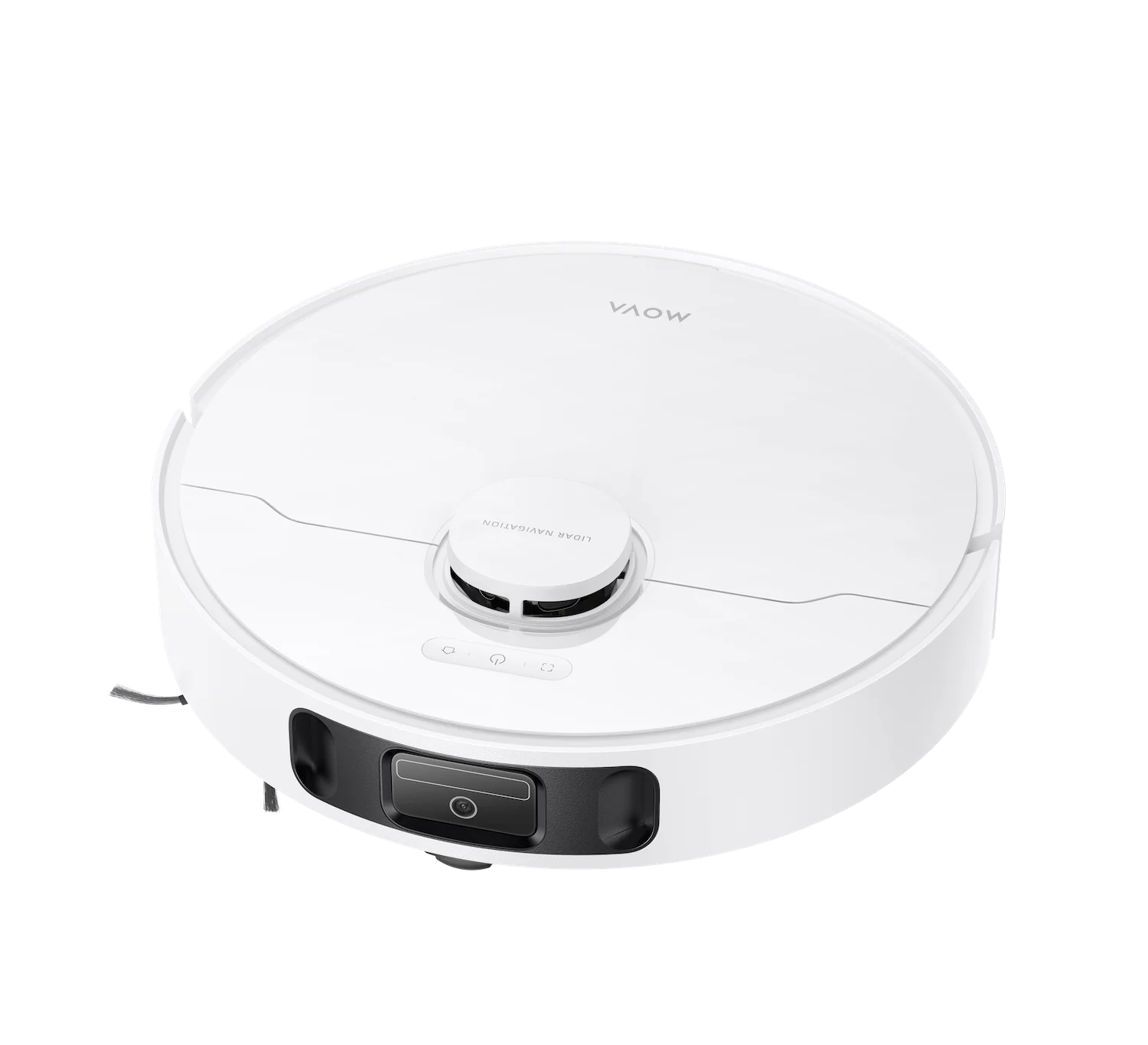 Un robot aspirador blanco con panel de control negro y navegación LiDAR.