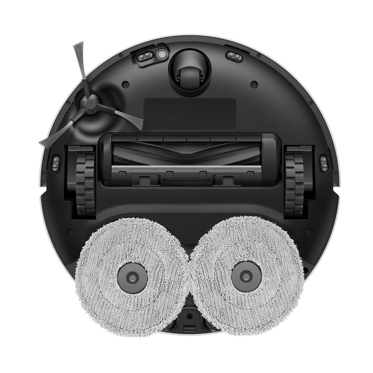 Parte inferior de un robot aspirador con cepillos, ruedas y dos mopas.