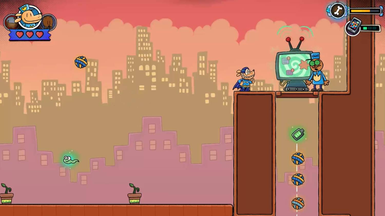 Un perro de dibujos animados con traje de superhéroe está en una plataforma junto a un televisor.