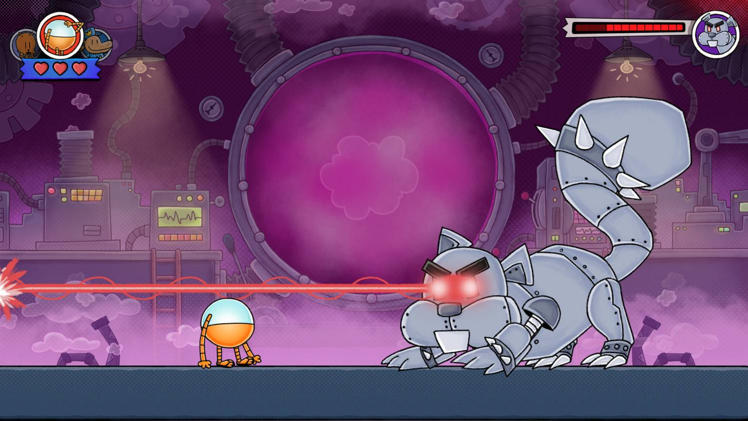 Un pequeño robot naranja se enfrenta a una ardilla robot grande en un laboratorio. Rayos rojos salen de la ardilla.