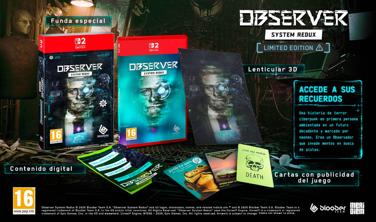 Edición Limitada Observer System Redux para Nintendo Switch, con cajas de juego, arte lenticular y contenido digital.