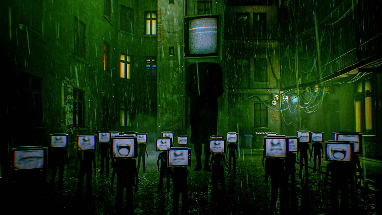 Figuras con pantallas de TV por cabeza están bajo la lluvia.