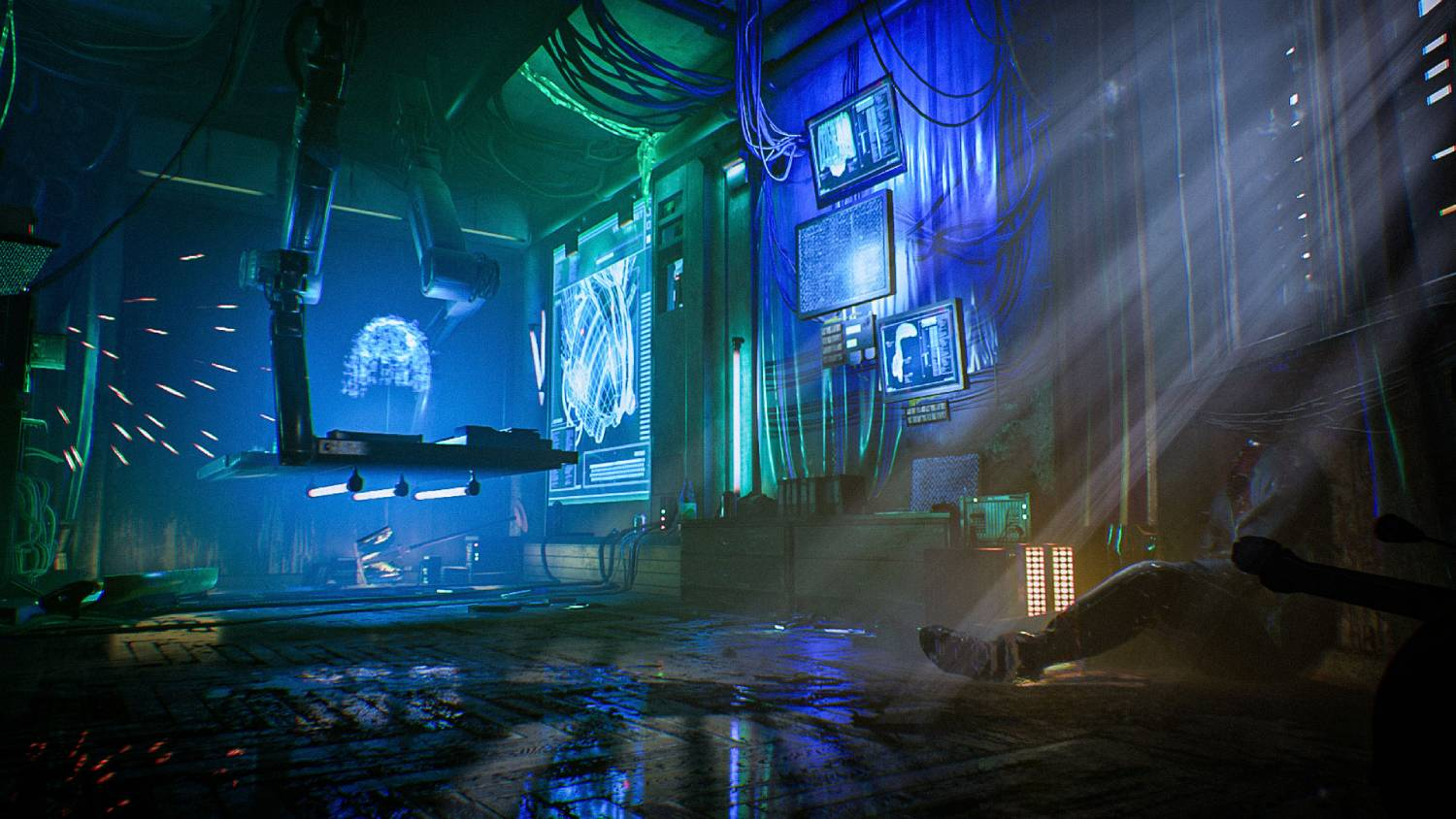 Un laboratorio futurista con luces azules y verdes, pantallas y un brazo robótico.