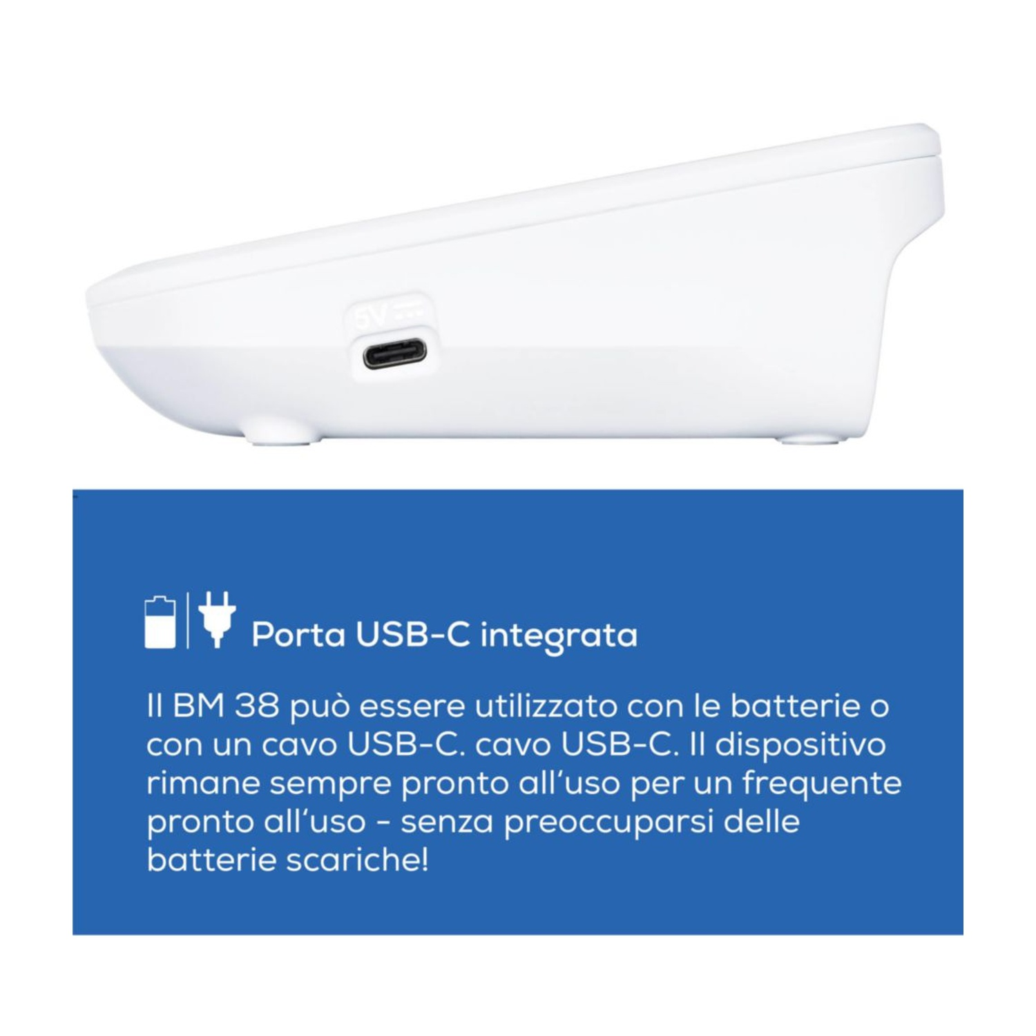 Un dispositivo bianco con porta USB-C e testo sulle opzioni di alimentazione.