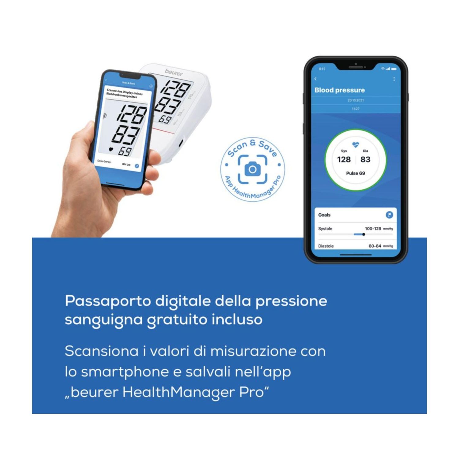 Una mano tiene un telefono che scansiona un misuratore di pressione Beurer. L'app mostra i dati.