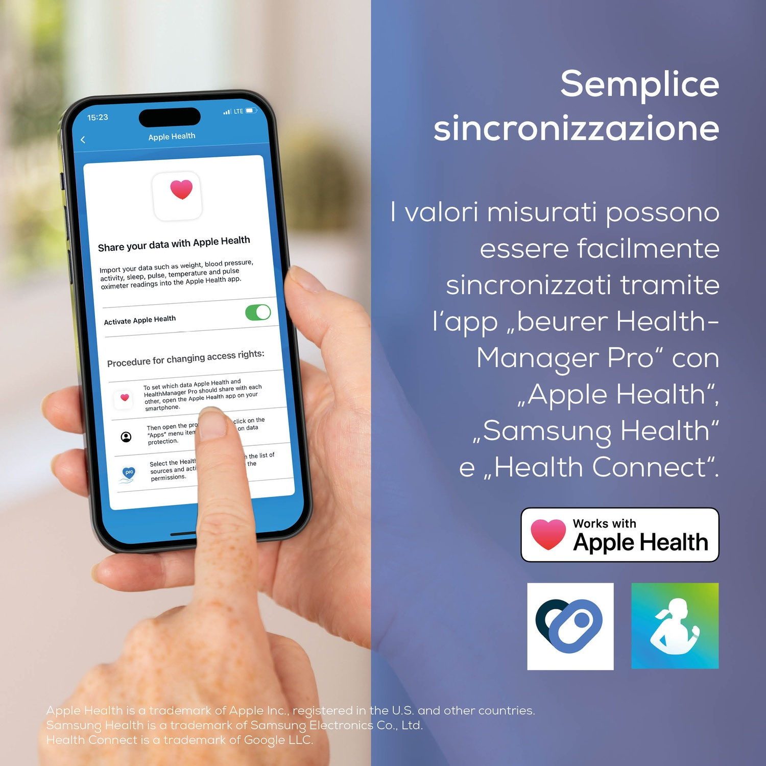 Una mano tiene un iPhone con l'app Salute, condividendo dati sanitari.