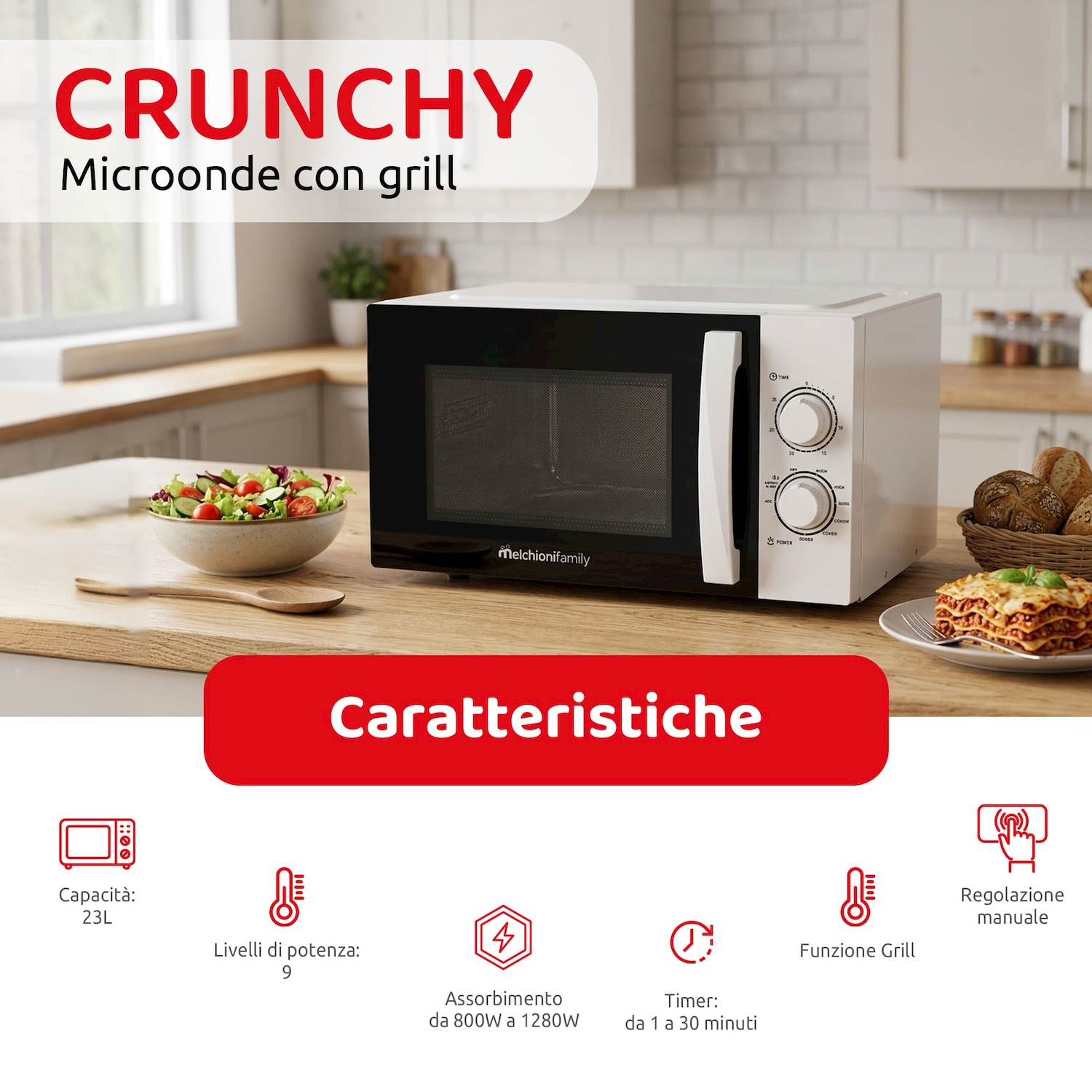 Un forno a microonde bianco e nero con funzione grill è su un piano di lavoro.