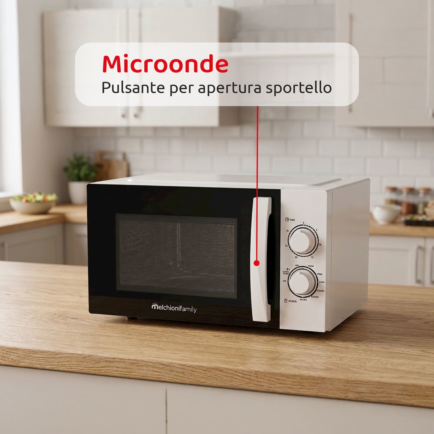 Un microonde bianco con porta nera su un bancone di legno.