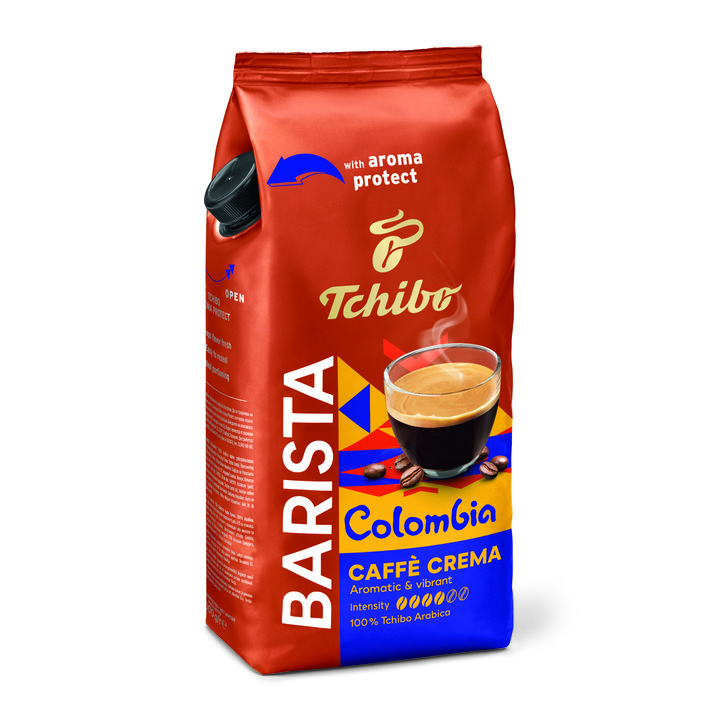 Aroma koruyucu kapaklı Tchibo Barista Colombia Caffè Crema kahve paketi.