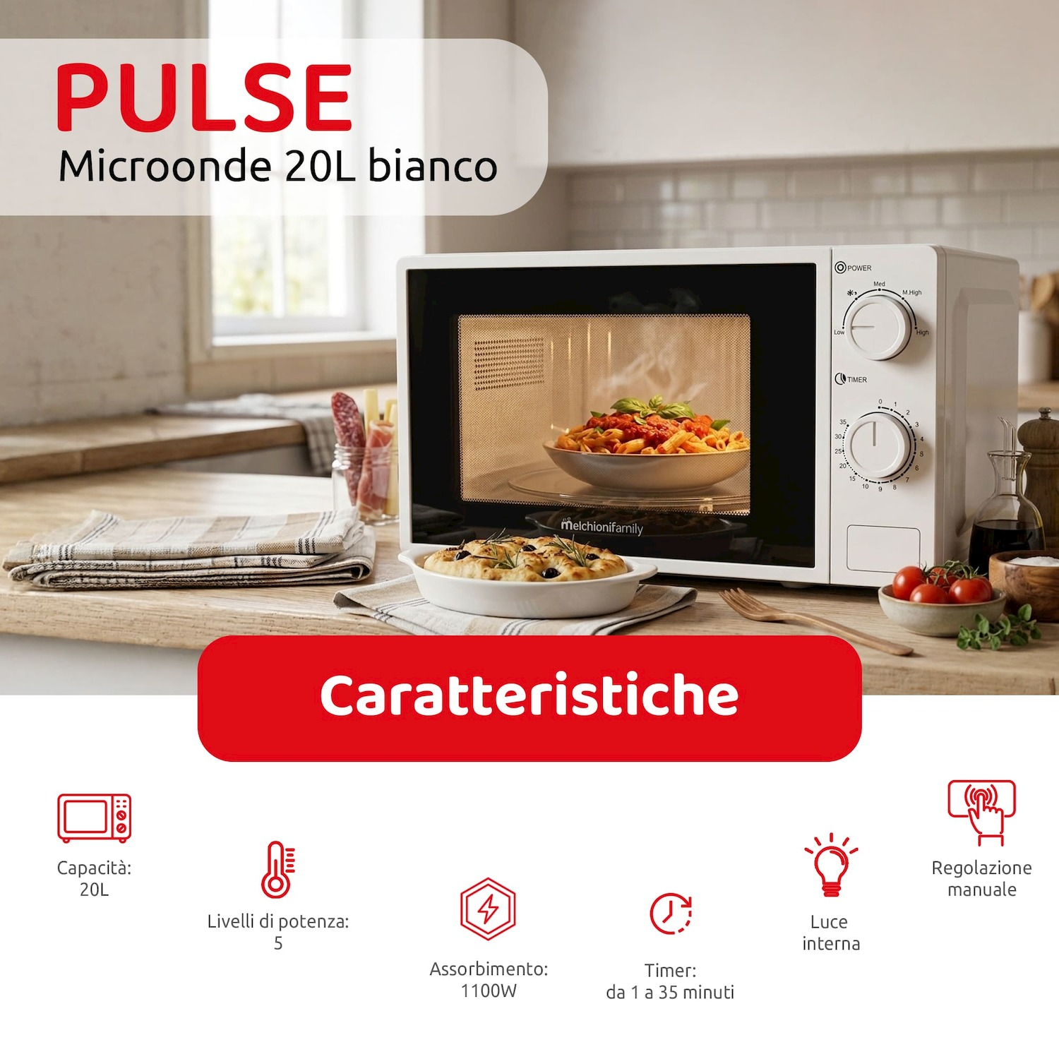Forno microonde bianco 20L con scritta "PULSE", cibo fumante all'interno.