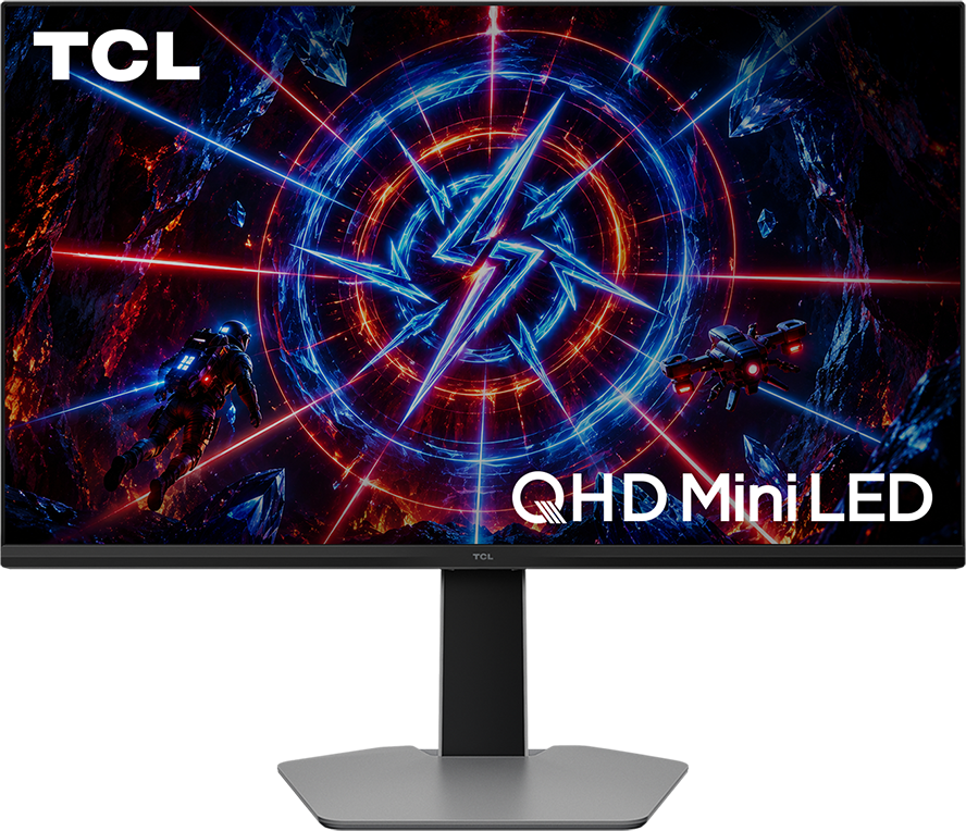 Űrhajós és drón repül egy QHD Mini LED TCL monitor előtt sci-fi jelenettel.