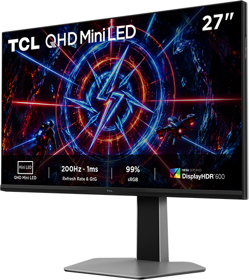 27 hüvelykes TCL QHD Mini LED monitor játékos grafikával és specifikációkkal.