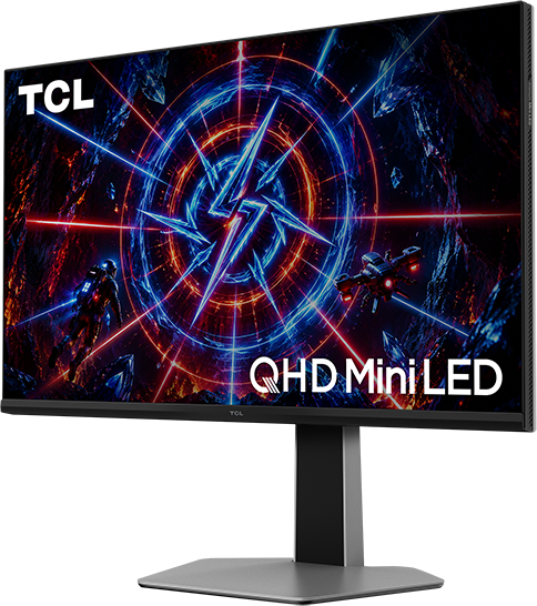 Egy TCL QHD Mini LED monitor élénk sci-fi játékjelenetet mutat űrhajósokkal és űrhajókkal.