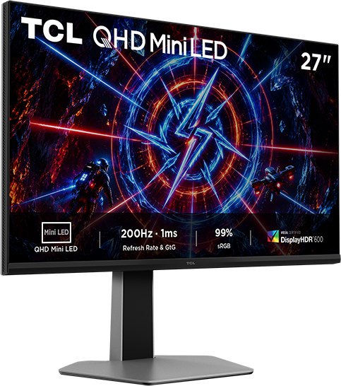27-hüvelykes TCL QHD Mini LED monitor játékgrafikával, 200Hz, 1ms, 99% sRGB.