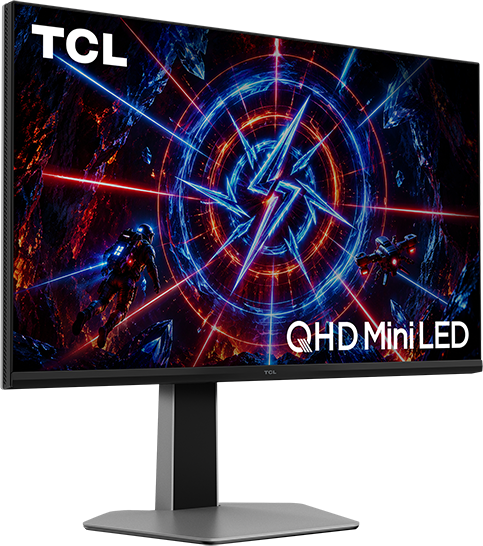 TCL monitor futurisztikus játékjelenetet mutat űrhajósokkal és űrhajókkal, QHD Mini LED.