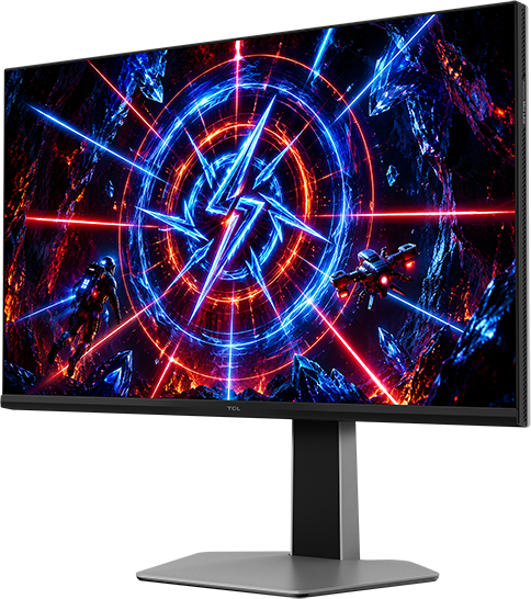 Egy monitor sci-fi jelenetet mutat játékossal, űrhajóval és világító energiával.