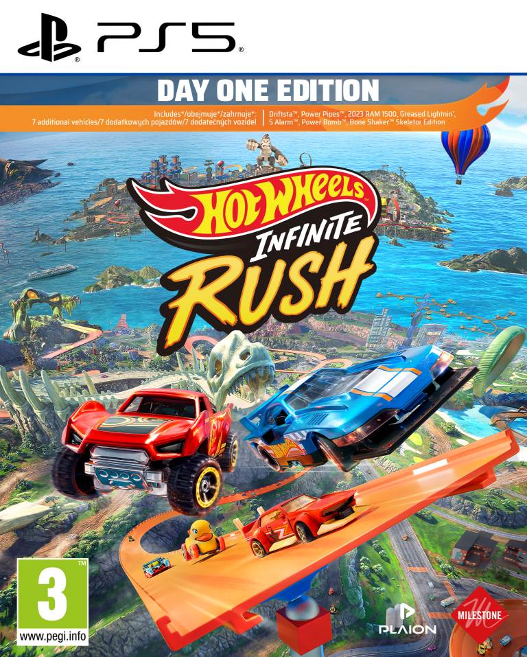 Okładka Hot Wheels Infinite Rush PS5: Dwa auta na torze, wyspy, balon.