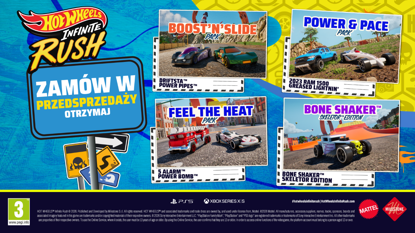 Hot Wheels Infinite Rush: Okładka gry z samochodami i nazwami pakietów.