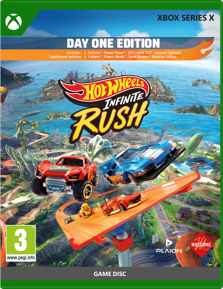 Okładka gry Hot Wheels Infinite Rush na Xbox Series X z samochodami na torze, wyspiarskim miastem i szkieletem dinozaura.