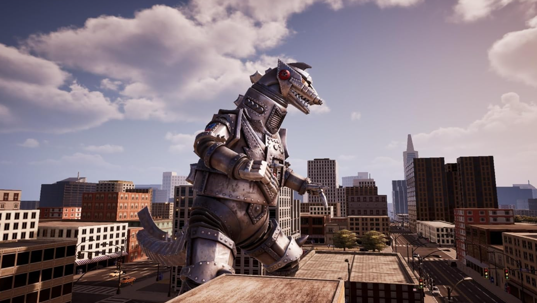 Ein riesiger Mechazilla-Roboter steht über einer Stadt unter einem bewölkten Himmel.