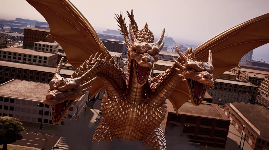 Eine goldene dreiköpfige Drachenkreatur fliegt über einer Stadt.
