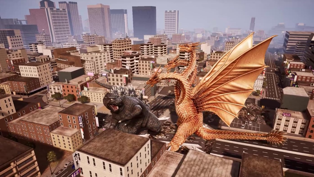 Godzilla und Ghidorah stehen auf Gebäuden in einer Stadt.