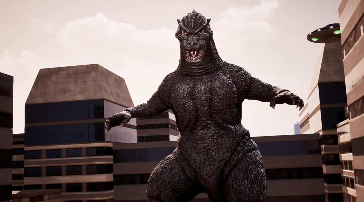 Godzilla steht vor Hochhäusern, eine UFO schwebt im Hintergrund.