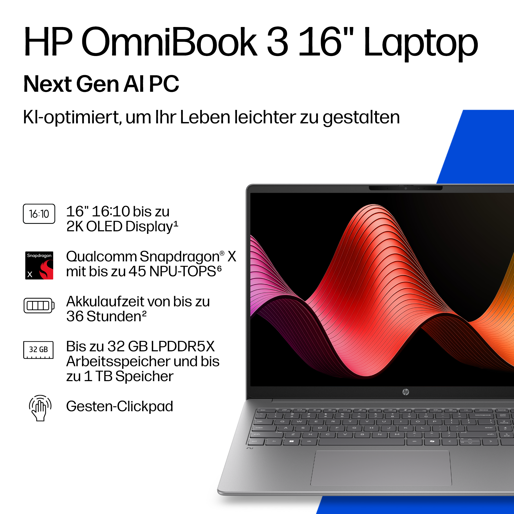 HP OmniBook 3 16" Laptop mit 2K OLED Display, Snapdragon X, 36h Akku, 32GB RAM.