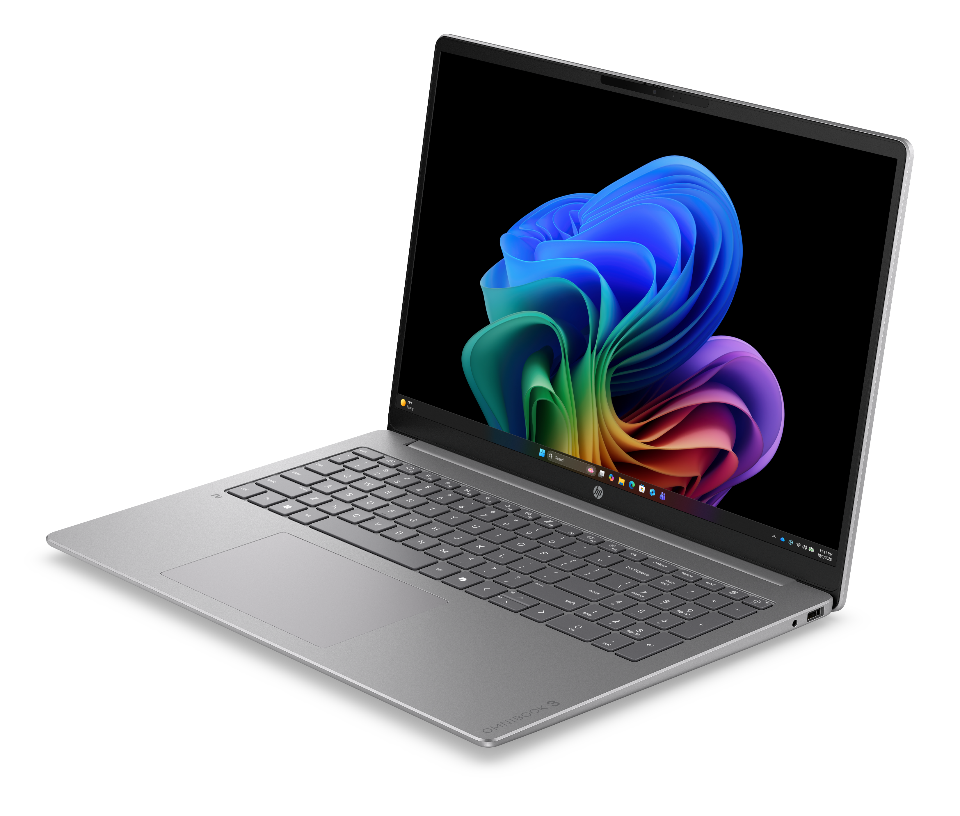 Ein silberner Laptop mit einer bunten Wellen-Hintergrundgrafik auf dem Bildschirm.