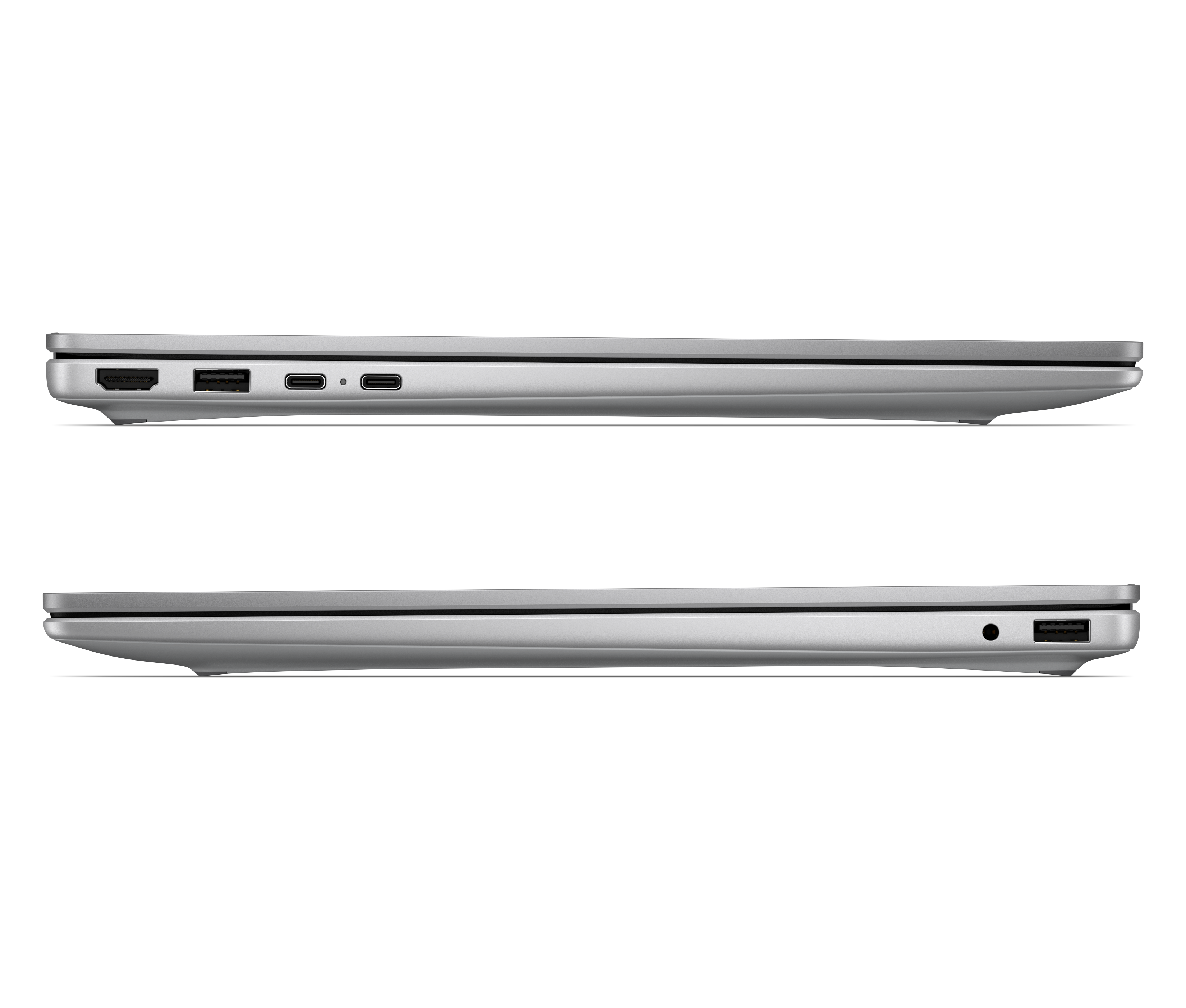 Silberner Laptop mit Anschlüssen: HDMI, USB-A, 2x USB-C und Kopfhöreranschluss.