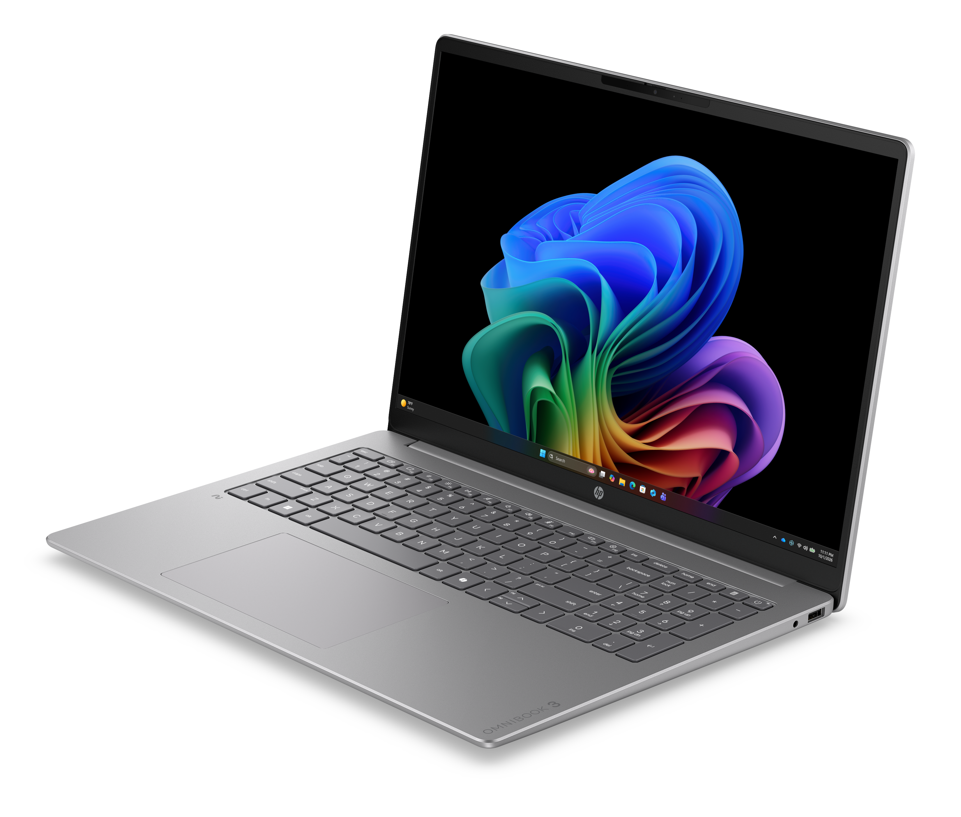 Ein silberner Laptop mit einem bunten, abstrakten Hintergrund auf dem Bildschirm.