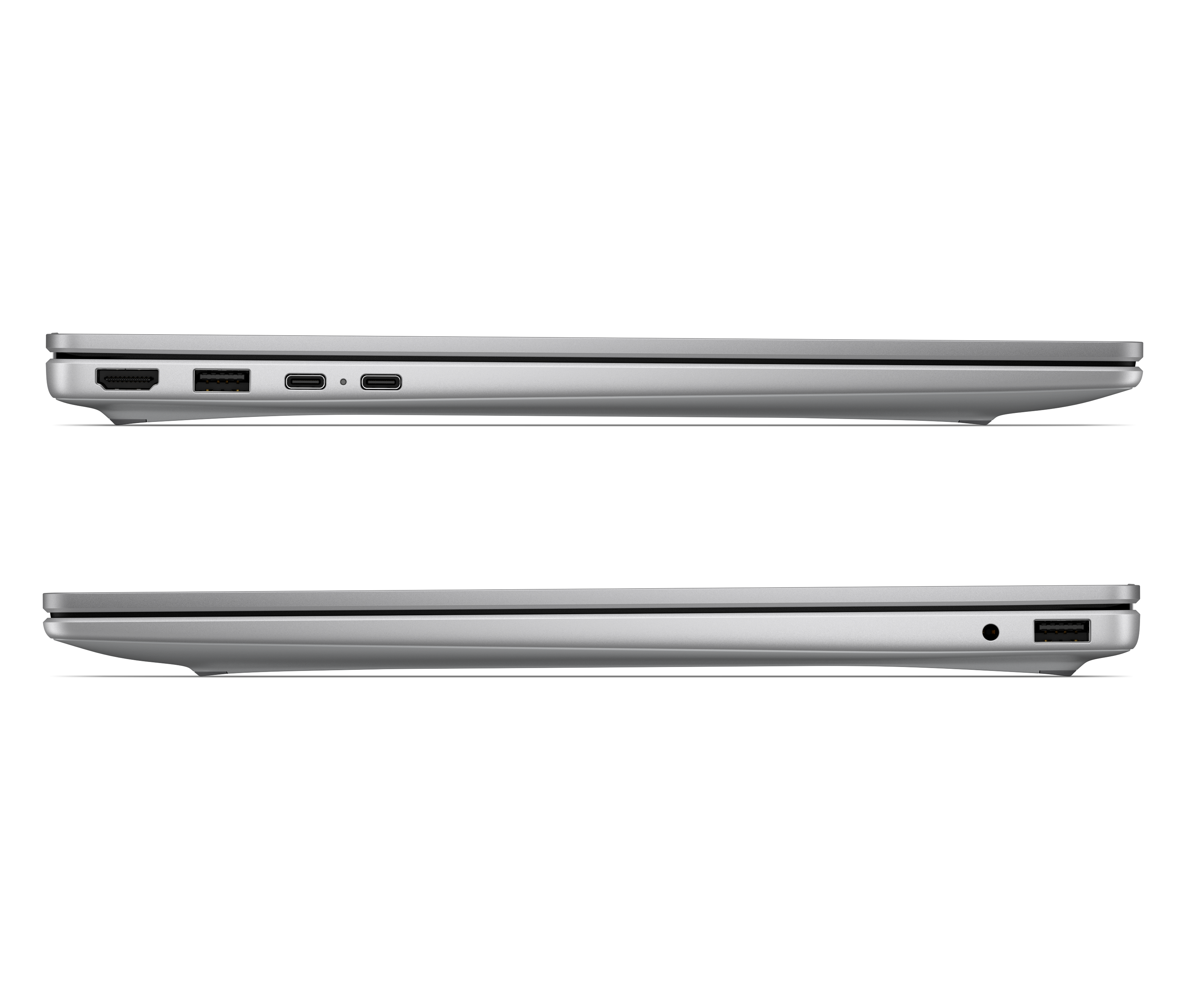 Silberner Laptop von der Seite mit Anschlüssen: HDMI, USB-A, 2x USB-C und Klinke.