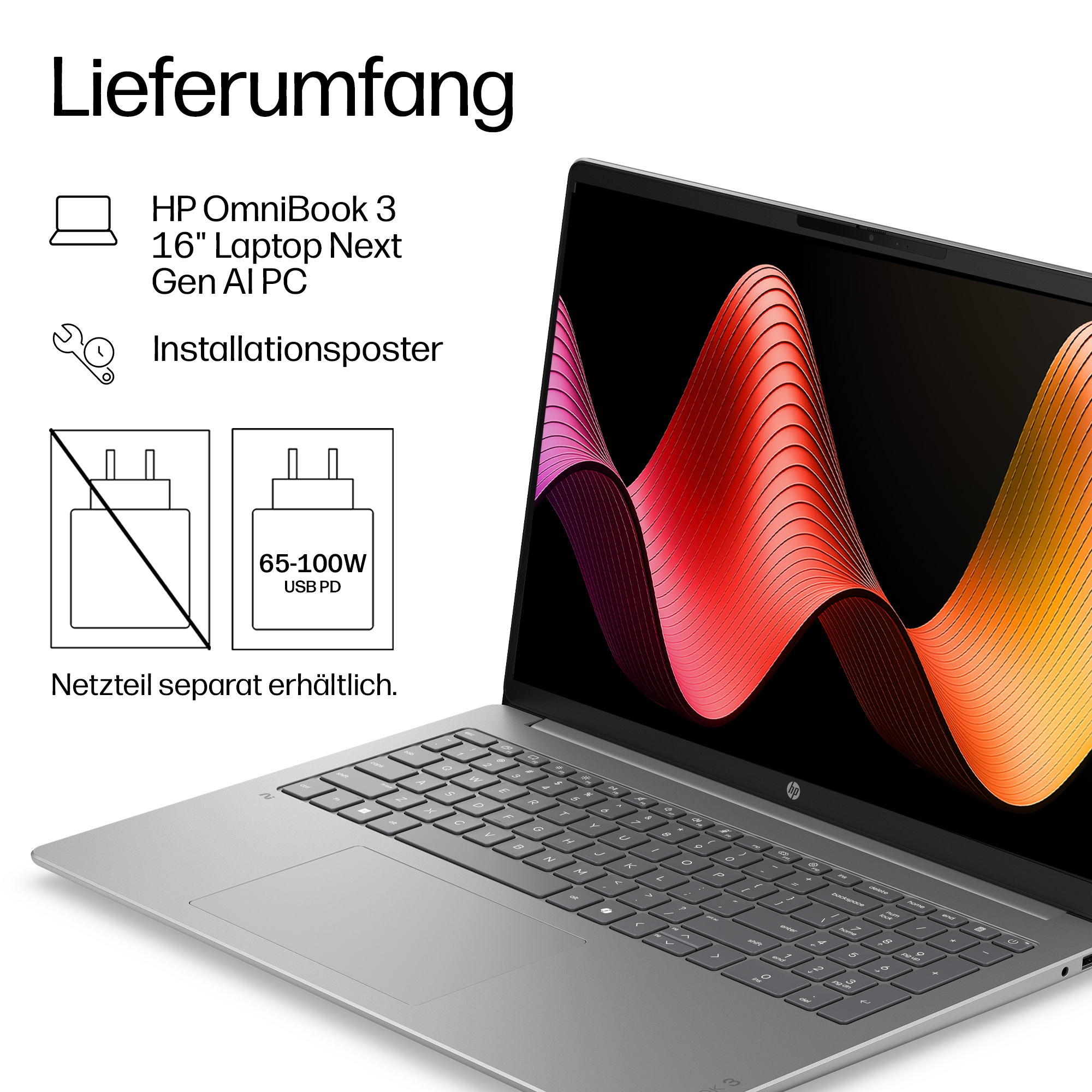 Ein silberner HP Laptop mit buntem Hintergrund. Zubehör wird aufgelistet.
