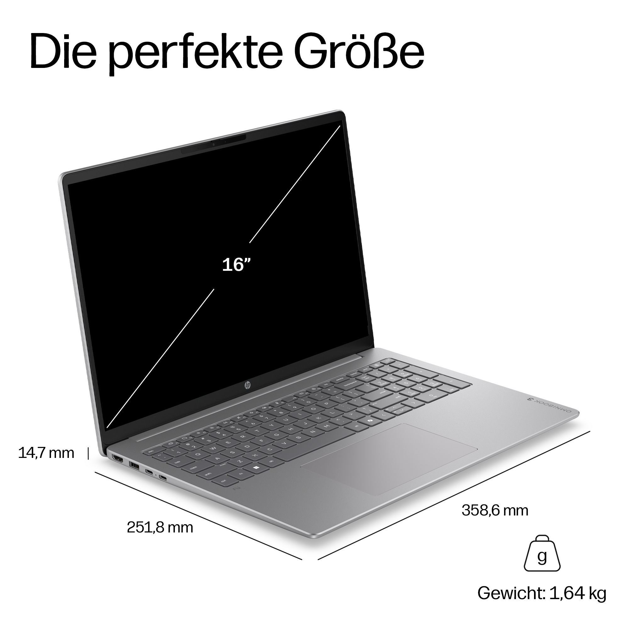 Grauer Laptop mit 16-Zoll-Bildschirm, Abmessungen und Gewicht.