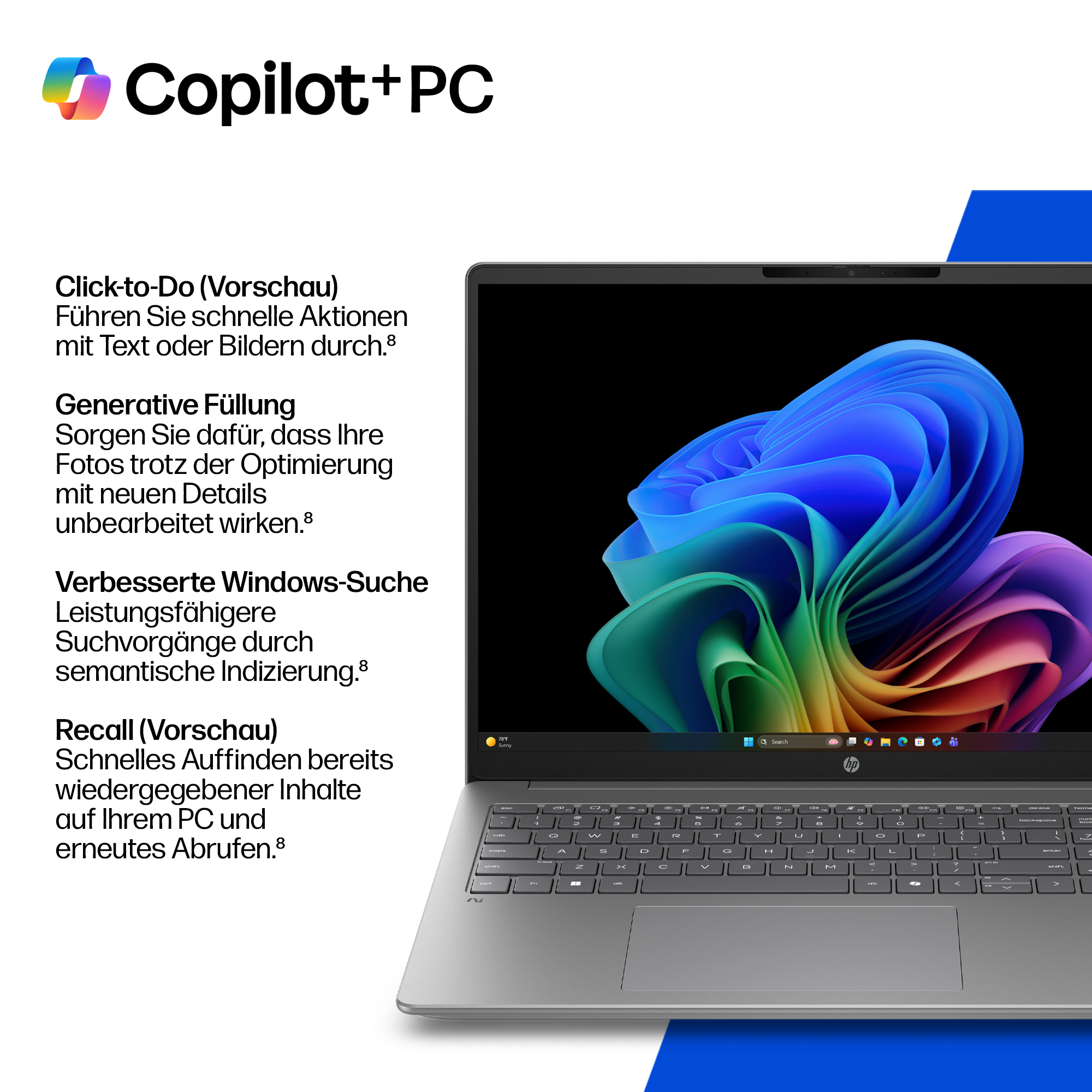 Ein Laptop mit einem bunten Hintergrundbild und Copilot+PC-Logo.