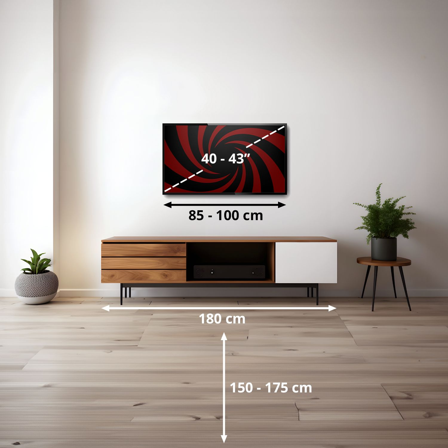 Un mueble de TV moderno de madera con un televisor de 40-43 pulgadas encima.