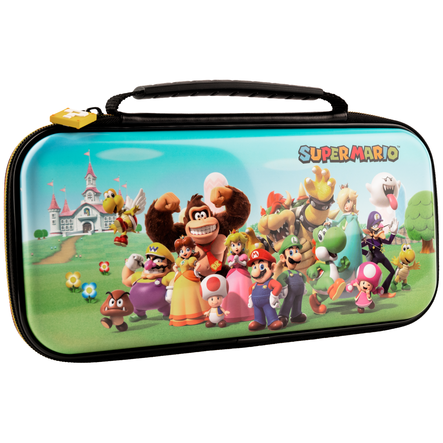 Personnages Super Mario sur une pochette, avec Mario, Luigi, Donkey Kong, Bowser, Yoshi et plus.