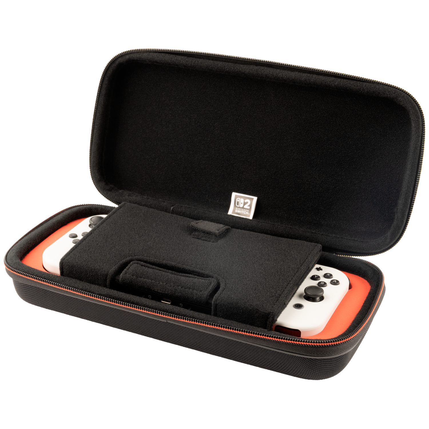Une manette blanche Nintendo Switch dans un étui noir.