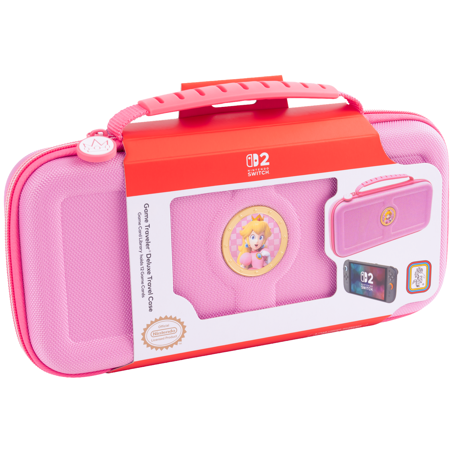 Étui rose Nintendo Switch avec motif Princesse Peach, incluant rangement de jeux.