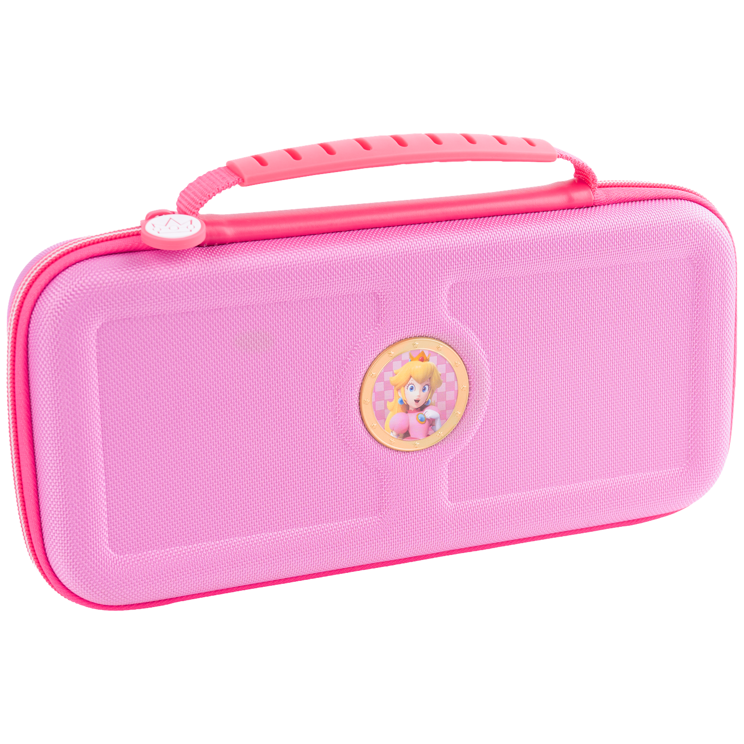 Une housse rose pour Nintendo Switch avec Princess Peach et une poignée.