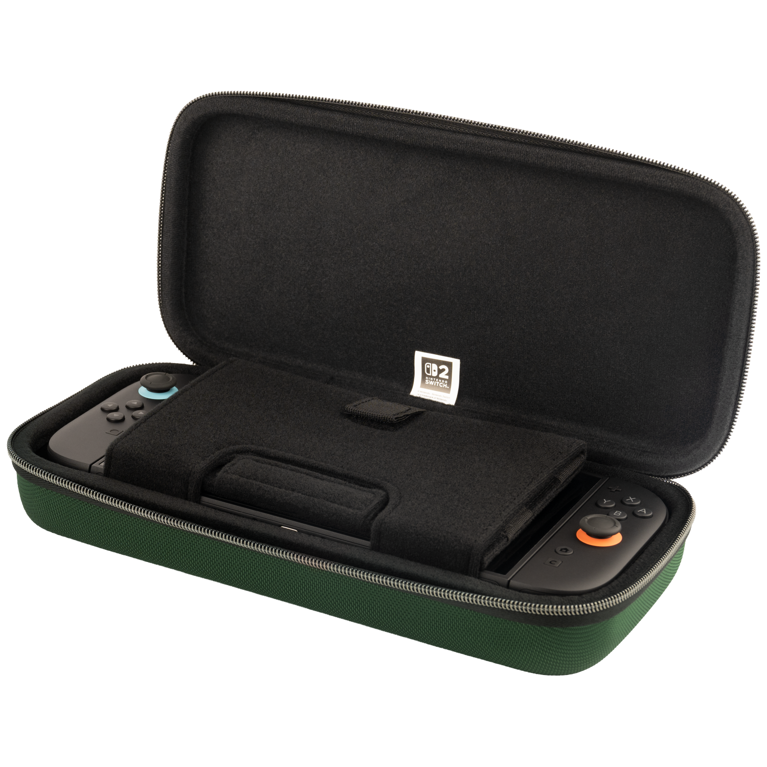 Une mallette verte contenant une Nintendo Switch et des manettes.