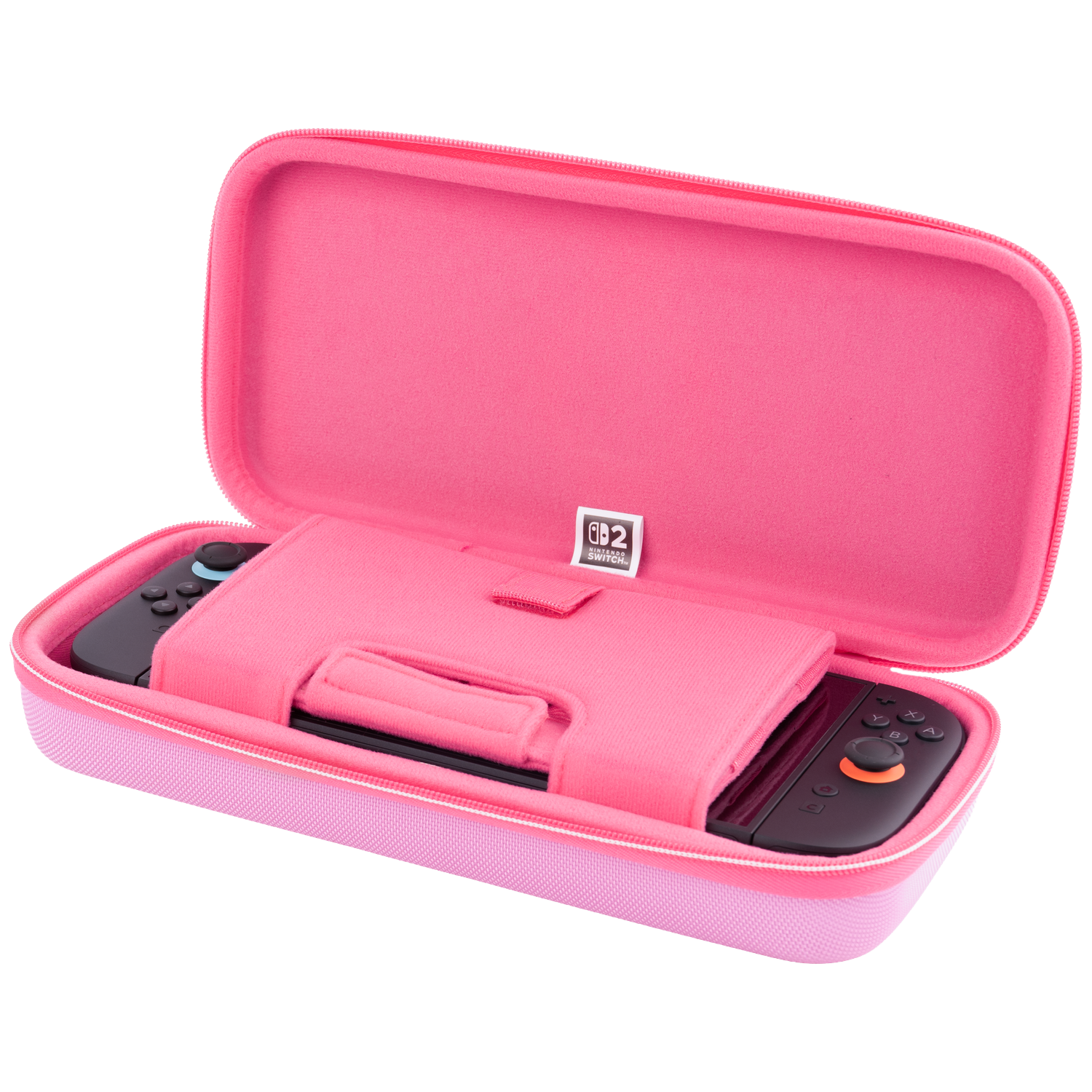Une mallette Nintendo Switch ouverte, rose vif, avec une manette et une console noires.