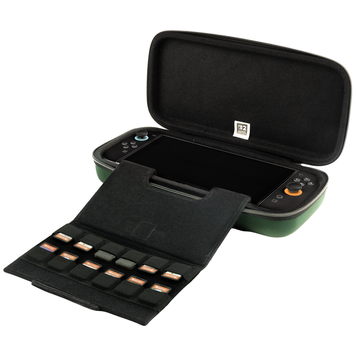 Étui vert ouvert, montrant une console portable et des cartouches de jeu dans un support.
