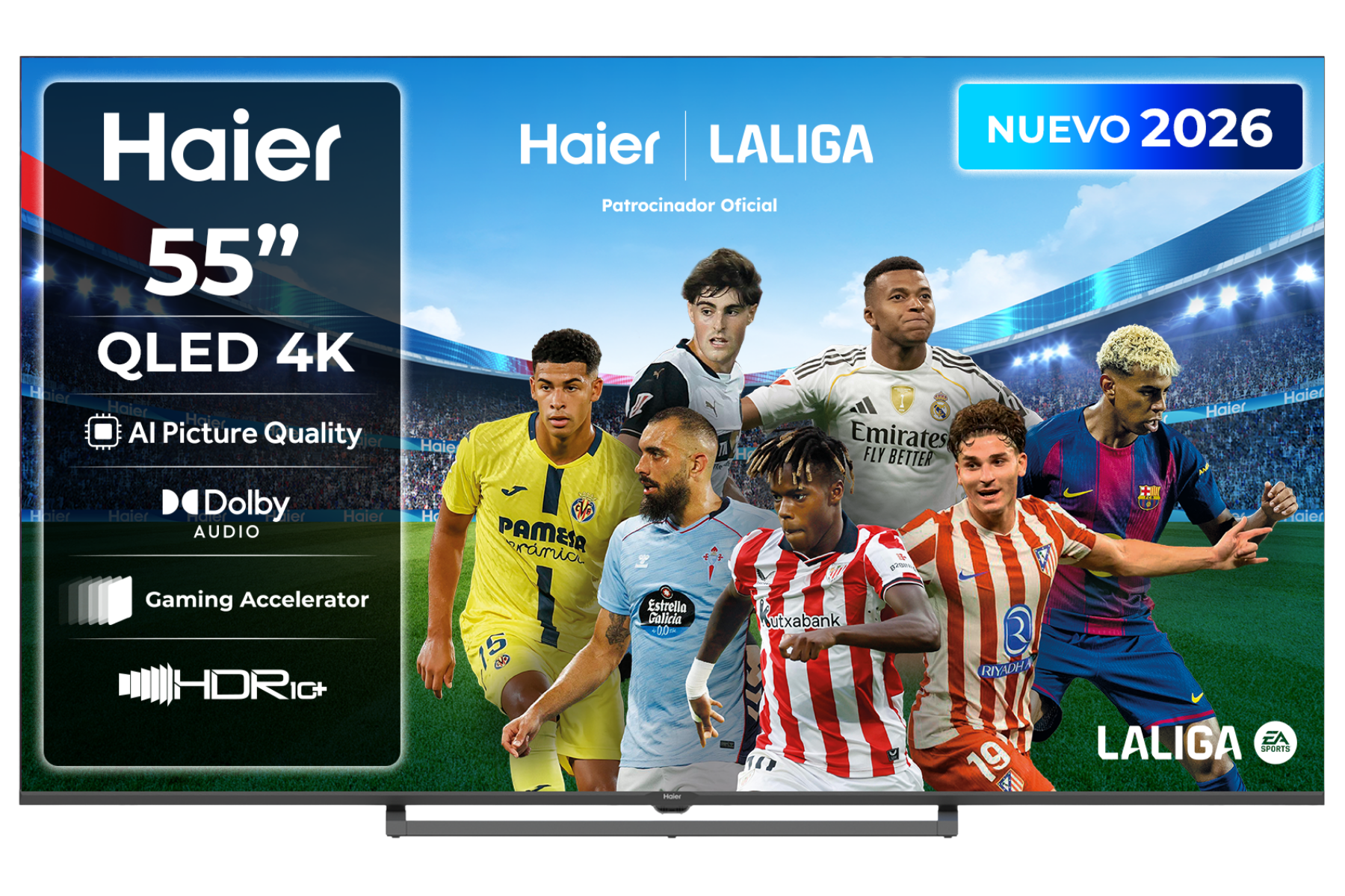 TV Haier 55" QLED 4K con futbolistas en camisetas, promocionando La Liga 2026.