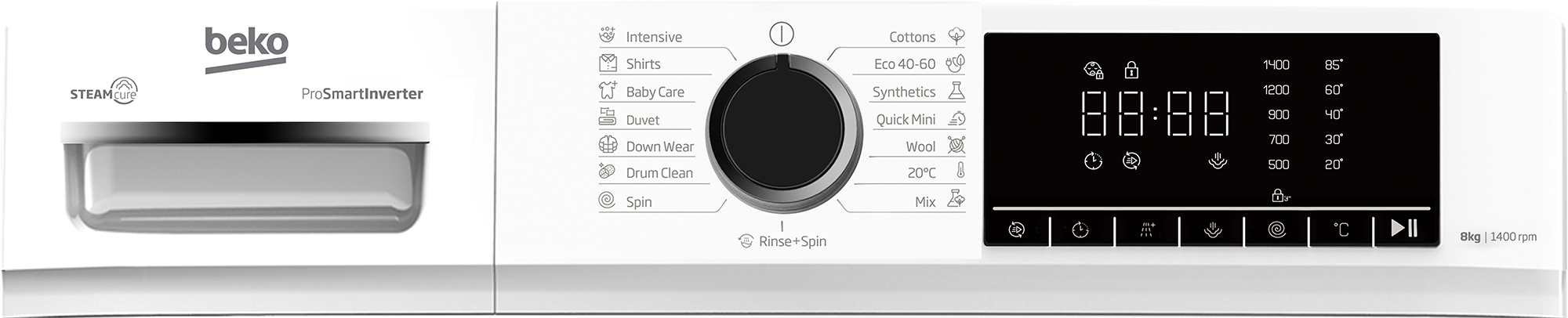 Beko mosógép digitális kijelzővel, programválasztással és 8kg/1400rpm kapacitással.